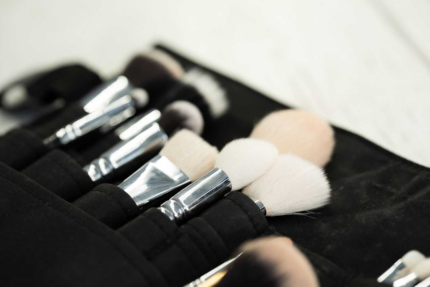 Set of makeup brushes in a black holder, including various sizes of fluffy and angled brushes.
